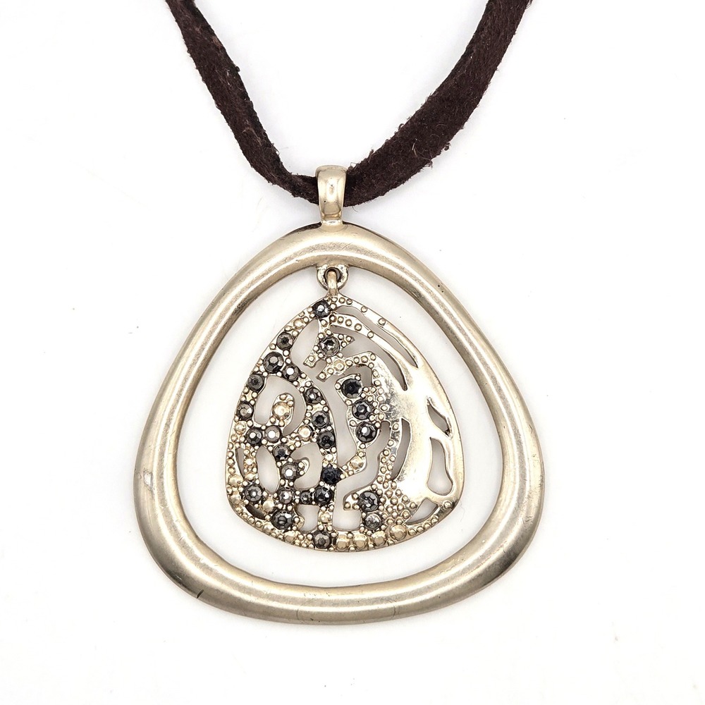Silver Tone Openwork Teardrop Pendant Necklace Black Rhinestone Brown Suede Cord